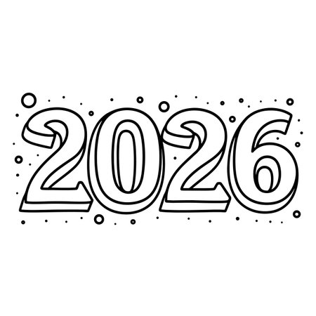 A simple black and white outline of the numbers 2026 surrounded by dots and circles, suggesting a festive or celebratory theme.のイラスト素材