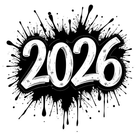 The year 2026 is written in bold white numbers within a black ink splatter design on a white background.のイラスト素材