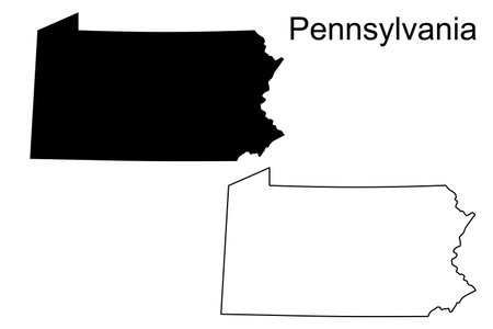 Two depictions of the state of Pennsylvania, a solid black silhouette and a white outline, are shown next to each other on a white background.のイラスト素材