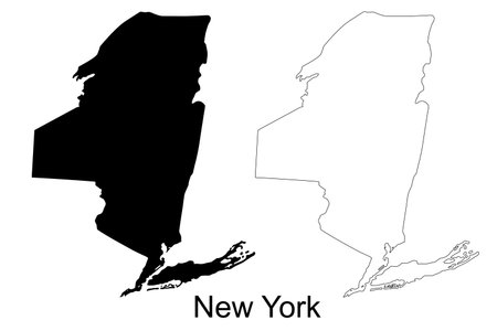A black silhouette and a white outline of the state of New York are displayed side by side on a white background.のイラスト素材