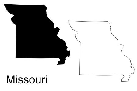 Two representations of the state of Missouri are shown: a black solid silhouette and a white outline. The word Missouri is printed below.のイラスト素材