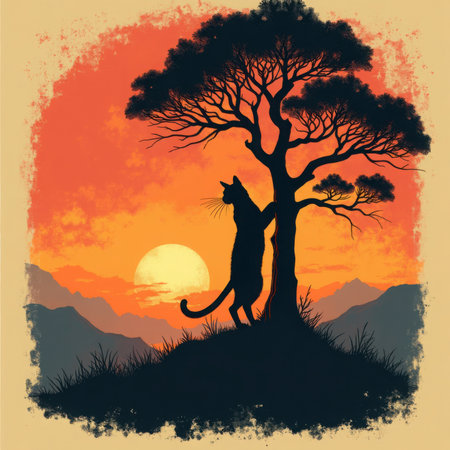 A black cat silhouette leans against a bare tree during a vibrant orange sunset with distant mountains and grass in the foreground.の素材