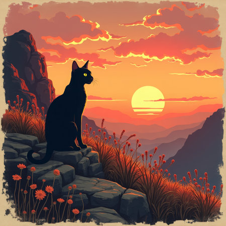 A black cat sits on rocky terrain overlooking a colorful mountain landscape at sunset with a bright yellow sun.の素材