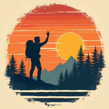A silhouetted hiker with a backpack waves on a hilltop with a sunset, mountains, and pine trees in the background.の素材