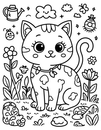 Lovely feline illustration in a vibrant garden scene, featuring blooming flowers and friendly insectsのイラスト素材