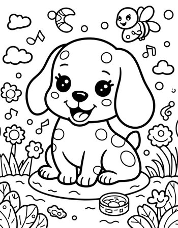Cute spotted puppy sitting in flower garden with music notes and bee. Simple line art illustration for kids activityのイラスト素材