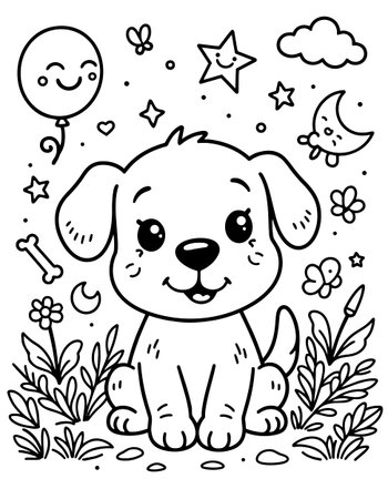 Sweet puppy character illustration with balloon bone butterfly and moon shapes simple outline for kids coloringのイラスト素材