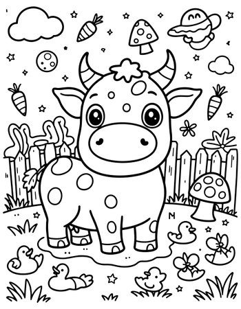 Playful baby cow with mushrooms, carrots, and ducks. Sweet farm scene, black and white line art.のイラスト素材