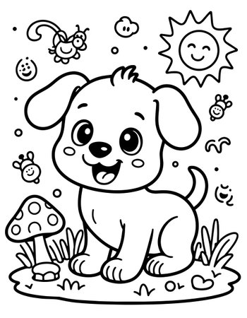 Adorable baby dog standing in garden with mushroom and sun. Cute canine line art illustration for childrens educationのイラスト素材