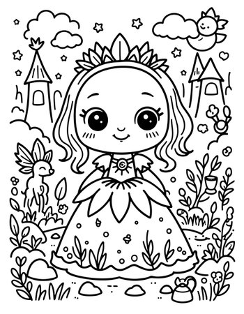 Young queen in floral tiara and detailed dress. Whimsical woodland setting with animals, plants, and fairytale towers.のイラスト素材