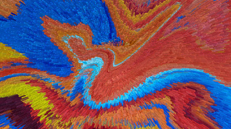 Sunset colored abstract background, intense red and blue contrast, sharp pixel extrusion with liquid swirl flowの写真素材