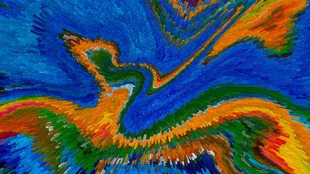 Abstract topographical map style digital painting, vibrant green and orange blocks, flowing earth...