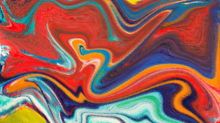 Dynamic colorful liquid art with vibrant abstract acrylic paint marbling effect; flowing pattern in...