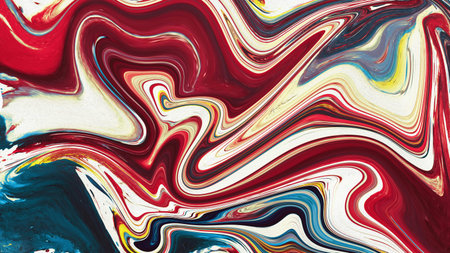 Elegant fluid art background showcasing deep crimson waves mixed with clean white streaks and subtle...