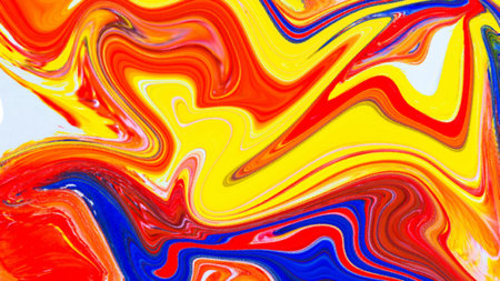 Abstract liquid painting with bold red, blue, and yellow colors, forming a vibrant and energetic...