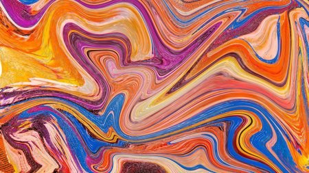 Energetic fluid art with a mix of orange blue yellow and pink hues producing a beautiful swirling...