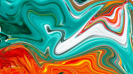 Vibrant teal, red and white fluid art. abstract background with dynamic swirling patterns, creating...