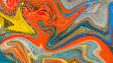 Lively bright liquid art with energetic abstract acrylic paint marbling effect; flowing pattern in...
