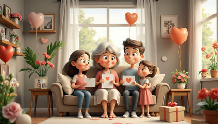 Three generations of a family sitting on a couch, holding heart-shaped cards, celebrating love and...
