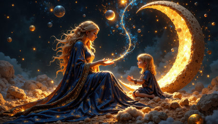 Mystical woman with golden hair and young child among planets and stardust, magical fantasy space illustration artの写真素材
