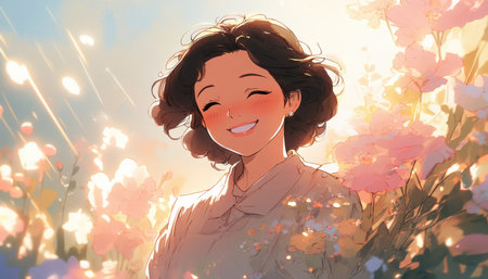 Happy woman with joyful expression in outdoor setting bathed in warm sunlight surrounded by blooming...