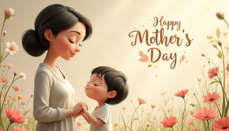 Mother and child share tender moment in blooming garden, mother's day wish, warm embraceの写真素材