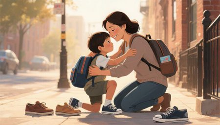 Mother hugs son on city sidewalk, ready for school, backpacks on, happy goodbye, urban setting, daytime, shoes scattered.の写真素材