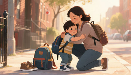 Caring mother hugs her young son on a city sidewalk. Child is ready for school with his backpack.