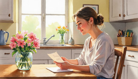 Woman enjoys moment of quiet reflection, reading letter at sunlit kitchen table with fresh flowers, creating peaceful atmosphere.の写真素材