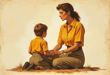 Mother and son kneel in open field, share moment of connection, holding hands, minimal background