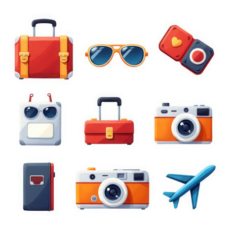 Collection of travel items such as suitcase sunglasses cameras airplane and other accessories for holiday trip.の写真素材