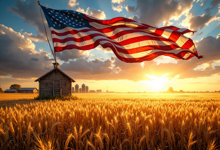 American flag waving over a vast golden wheat field at sunset, a small rustic shed in foreground,...