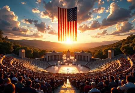 Patriotic national banner suspended over circular amphitheater arena during sunset with diverse...