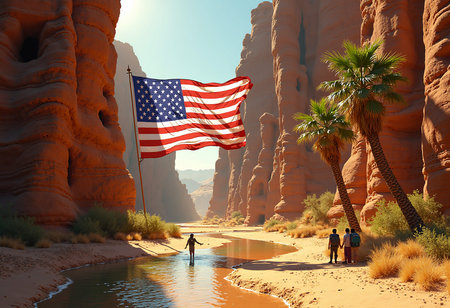 American flag in a desert canyon beside a river, palm trees, people walking, sunny day, natural beauty, explorationの写真素材