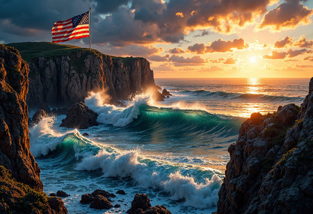 United States flag on a cliffside, overlooking a beautiful ocean sunset with large turquoise waves crashing against the rocksの写真素材