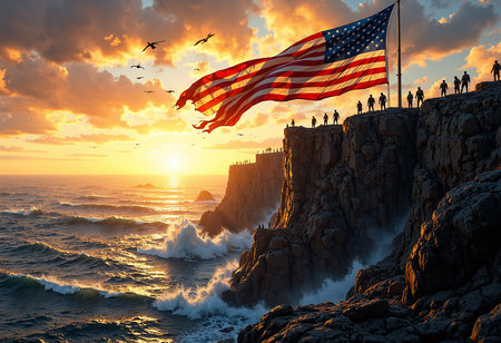 American flag flying high on a rugged cliff overlooking crashing ocean waves at a vibrant sunsetの写真素材
