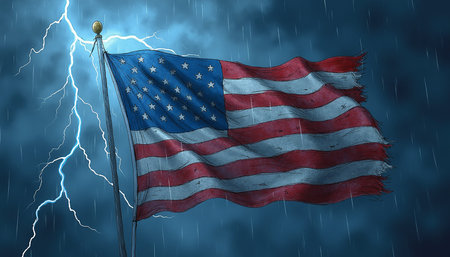 Tattered american flag on flagpole, illuminated by bright lightning strikes during heavy rain, dark...