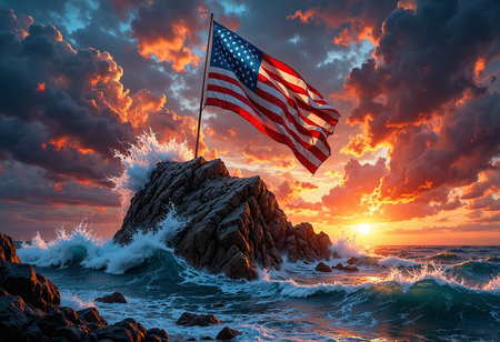 American flag planted on a rugged rocky island, powerful ocean waves crashing around it under a dramatic sunset skyの写真素材