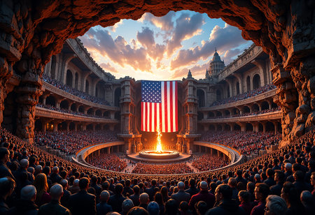 Vast crowd gathered in a grand, ancient arena under a dramatic sky, with a huge american flag and...