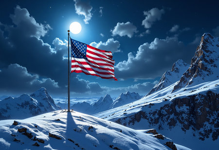 US flag stands tall on snowy ridge, bright full moon, dark cloudy night sky, dramatic mountain panorama, patriotism.の写真素材