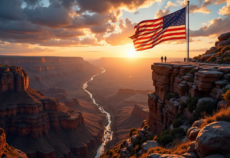 American flag on cliff edge, vast Grand Canyon landscape, sunset sky, dramatic clouds, epic view.