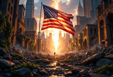 Large banner flies over devastated urban streets with rubble and skyscraper silhouettes against...