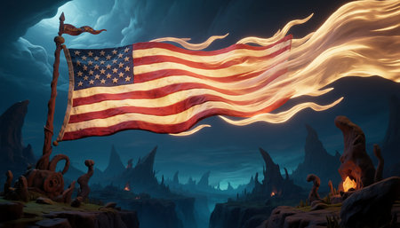 Dramatic American flag with fiery, flowing trails unfurls in a surreal, dark landscape under a...