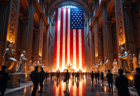 Patriotic banner displayed in tall hall with statues and people, majestic lighting within historic...