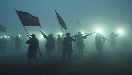 Silhouetted figures of revolutionary war soldiers carrying flags and muskets, moving through an...