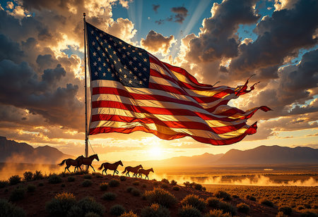 Wild horses galloping across a scenic landscape under a large American flag with dramatic sunset cloudsの写真素材