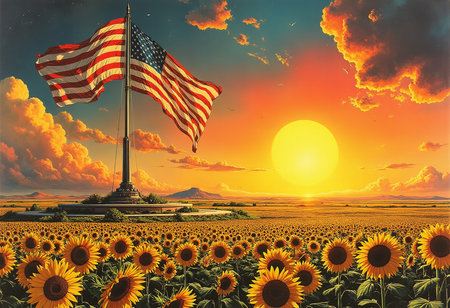 Striking American flag towering over a radiant sunflower field under a brilliant orange sunset, symbolizing national prideの写真素材