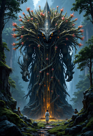 Massive tree creature with floral branches and glowing eyes watches over lone traveler in lush...