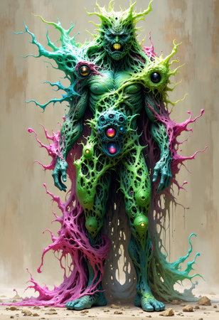 Horror creature, humanoid shape made of green and pink slime, multiple glowing eyes, unsettling,...