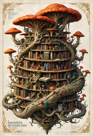 Whimsical library constructed from ancient tree roots and branches, housing countless books and...